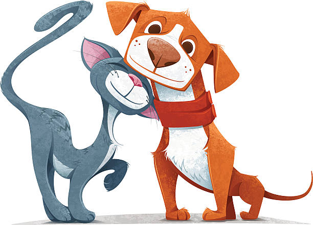 friendly cartoon cat and dog on a white backdrop - cat stock illustrations