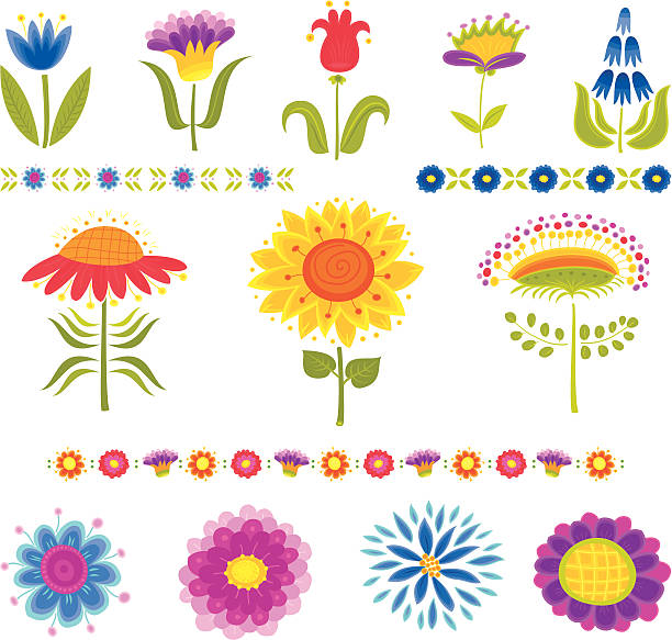 ilustraciones, imágenes clip art, dibujos animados e iconos de stock de conjunto de elementos decorativos de diseño floral - tulip sunflower single flower flower