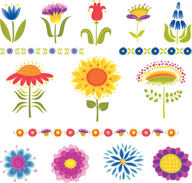 illustrazioni stock, clip art, cartoni animati e icone di tendenza di set di elementi floreali decorativi - tulip sunflower single flower flower