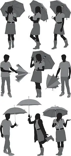 Vector illustration of Sihouette of people with umbrellas