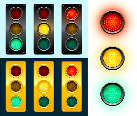 LED Modern Street Traffic Lights Background. This 100% editable royalty free vector illustration has multiple variations of a traffic light. The street traffic light has green, yellow and red on and off variations. Individual lights are also included on the right side of this graphic.