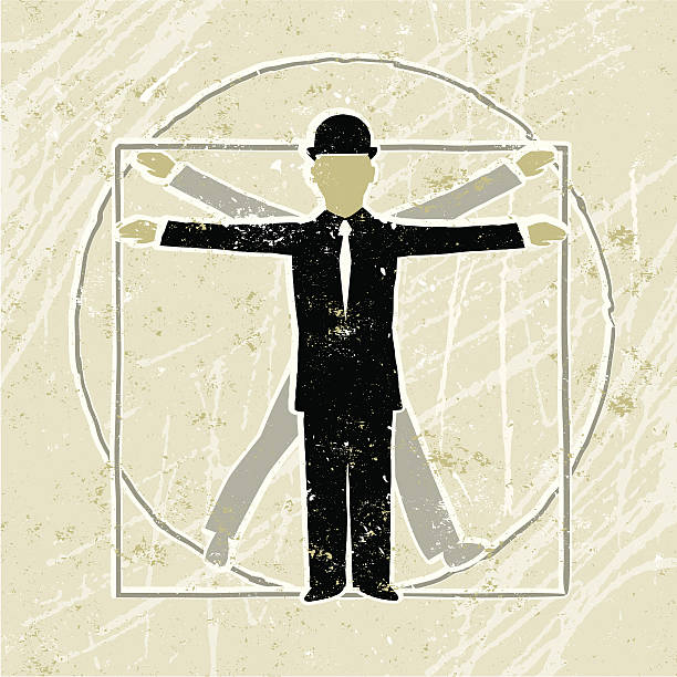 Vitruvian Business Man Diagram showing Proportion Renaissance Man! A stylized vector cartoon of a businessman in the shape of the Vitruvian  Man diagram, reminiscent of an old screen print poster and suggesting perfection, proportion, balance, the ideal, ideals,  renaissance, correlation or ratio. Men, grid, paper texture, and background are on different layers for easy editing. Please note: clipping paths have been used, an eps version is included without the path. correlation stock illustrations