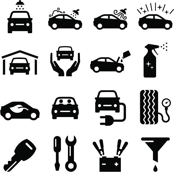 illustrazioni stock, clip art, cartoni animati e icone di tendenza di auto manutenzione-nero serie - car wash car cleaning washing
