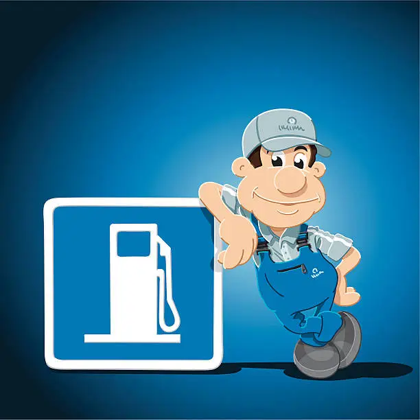 Vector illustration of Gas Station Attendant Cartoon Man Leaning Sign