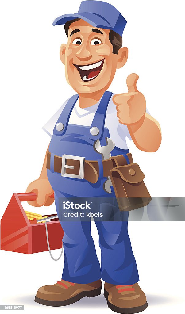 Mechanic Thumb Up A young happy mechanic in blue overalls holding a toolbox and gesturing thumb up.  Cartoon stock vector