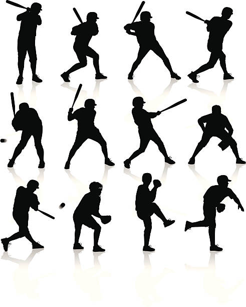 ilustraciones, imágenes clip art, dibujos animados e iconos de stock de jugadores de béisbol - baseball silhouette baseball player sport