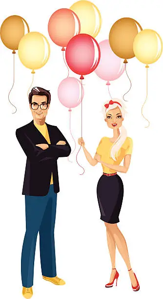 Vector illustration of Man, woman and balloons.