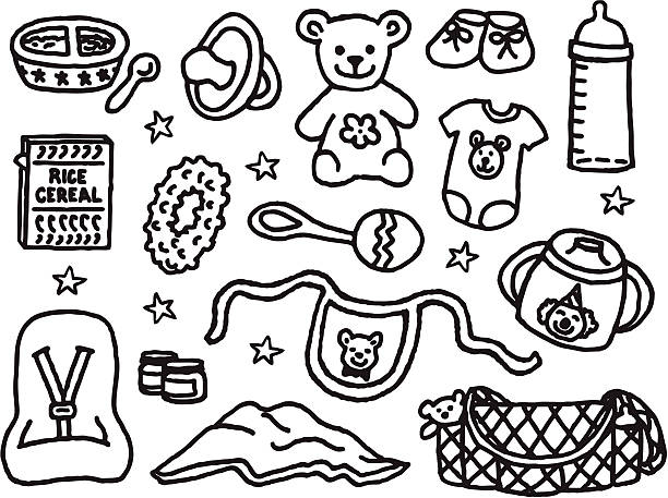baby care items A collection of items for baby care doodle stock illustrations