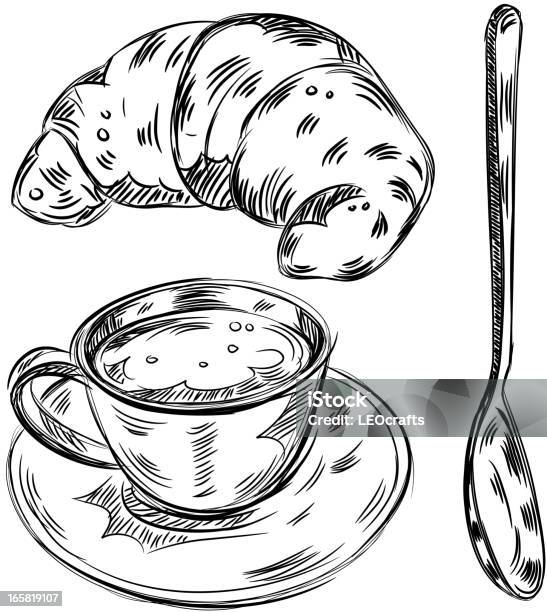 Detailed Drawings Of Coffee And Food Stock Illustration - Download Image Now - Coffee - Drink, Croissant, Vector