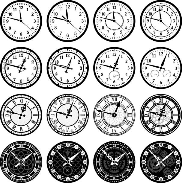Time Clock and watch royalty free vector icon set Time Clock and watch black and white royalty free vector interface icon set. This editable vector file features black interface icons of clock ant time on white Background. The clock icons are organized in rows and the hour, minute and second arrows come in multiple design variations. There are 16 modern and antique clock faces.  clock face stock illustrations