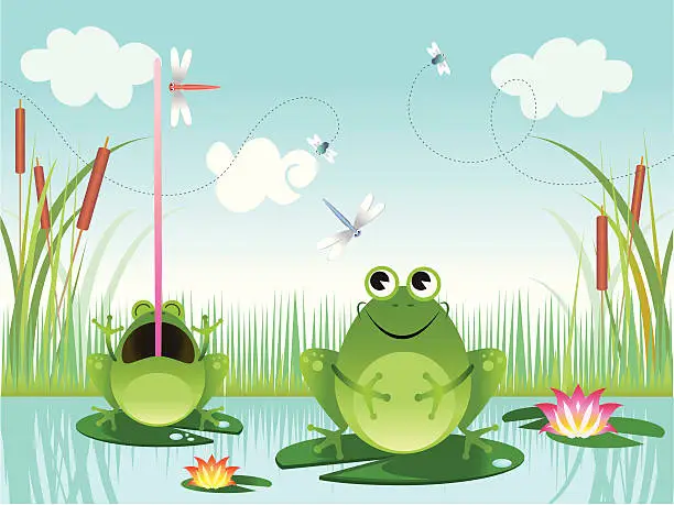 Vector illustration of Frogs in a pond