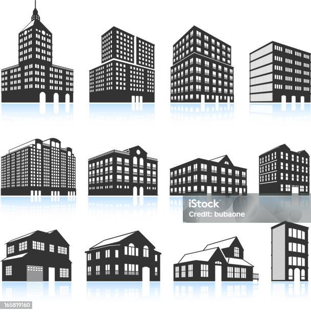 아파트 건물과 콘도 블랙 인명별 벡터 아이콘 세트 건물 정면에 대한 스톡 벡터 아트 및 기타 이미지 - 건물 정면, 호텔, 건물 외관