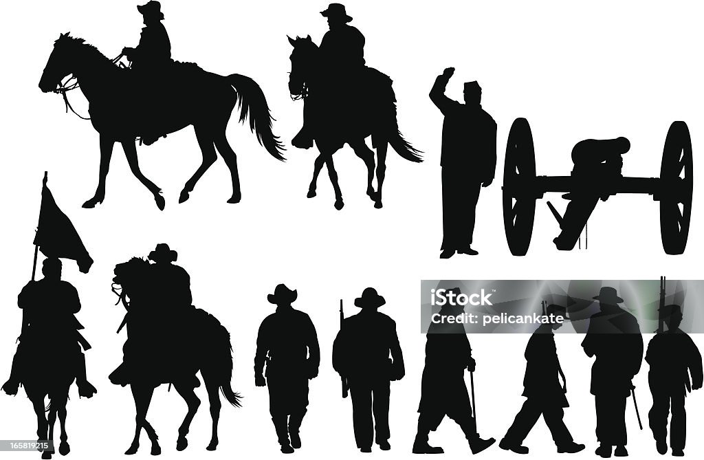 Civil War Silhouettes Silhouettes of American Civil War Soldiers, cannon and horse.  Union, Confederate, and boy soldiers. American Civil War stock vector