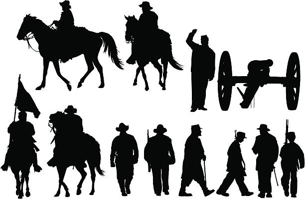 Civil War Silhouettes Silhouettes of American Civil War Soldiers, cannon and horse.  Union, Confederate, and boy soldiers. civil war stock illustrations