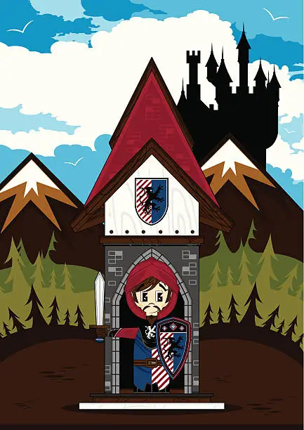 Vector illustration of Crusader Knight at Castle Guard Post Scene