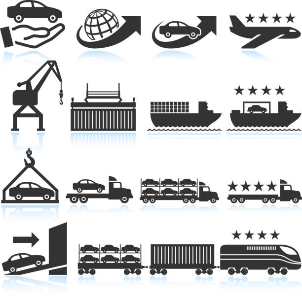 Car shipping and delivery icon set Car Shipping Delivery and Rates black & white icon set car dealer icon stock illustrations