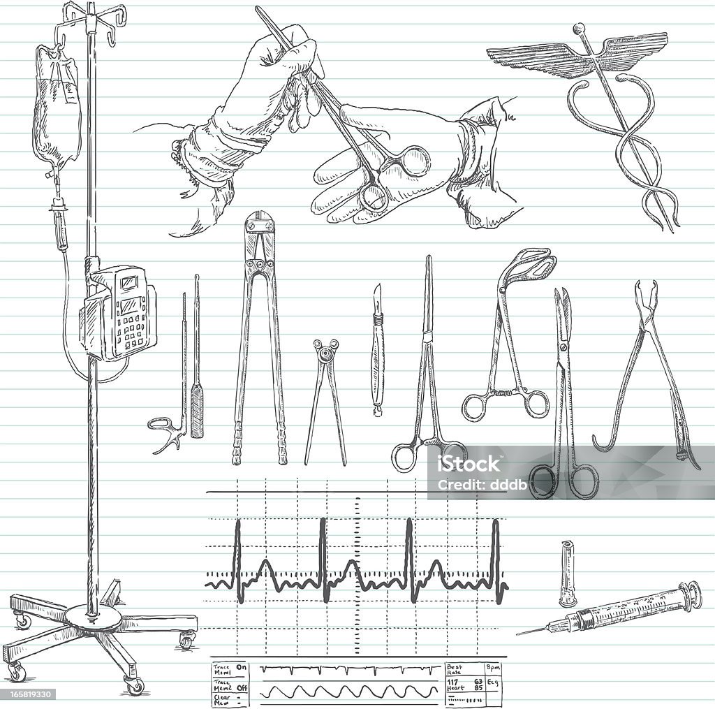 Hospital Surgical Doodle Sketches Hand-drawn doodle pencil sketch of various items you might encounter during a a surgery or hospital stay. Includes: IV stand, surgeon's hands with assistant passing instrument, medical symbol, various surgical tools, scalpel, blood, EKG heart rhythmn, and syringe. All images are grouped and on separate layers making for easy changes. Lined paper on layer that can be easily removed. XL 5000x5000 jpeg included. Surgical Equipment stock vector
