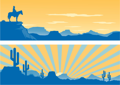 Retro Western style silhouettes with a Desert and Cowboy theme including cactus, landscape and sunset. All elements are on interchangeable layers and easily scaled and edited.