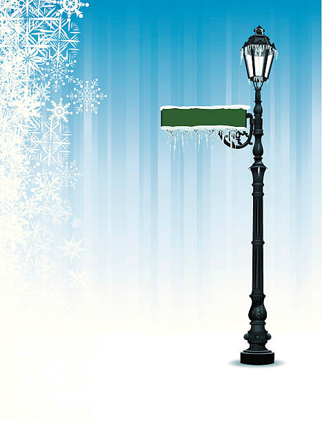 Frozen Winter Street Light with Sign & Snowflakes Background Frozen Winter Background. Tight illustration of a frozen winter street light with sign and snowflakes background. drop in your own street name. Check out my "Christmas Backgrounds and Accents" light box for more. street light road sign old fashioned lantern stock illustrations