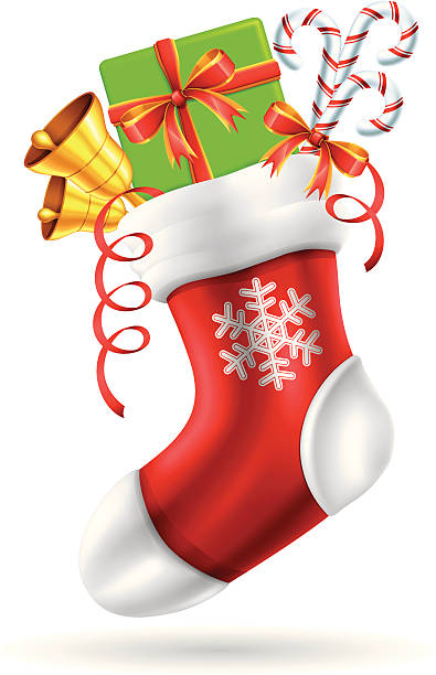 ilustraciones, imágenes clip art, dibujos animados e iconos de stock de medias de navidad con regalo - stick of hard candy hanging decoration christmas decoration