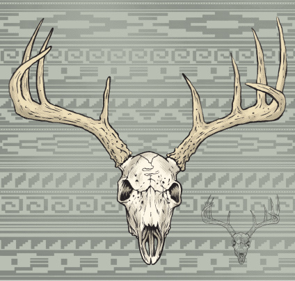 this is a white tail deer skull with an Aztec pattern background, entire image is halftone screen except for large fill color areas, all vector, all the time.