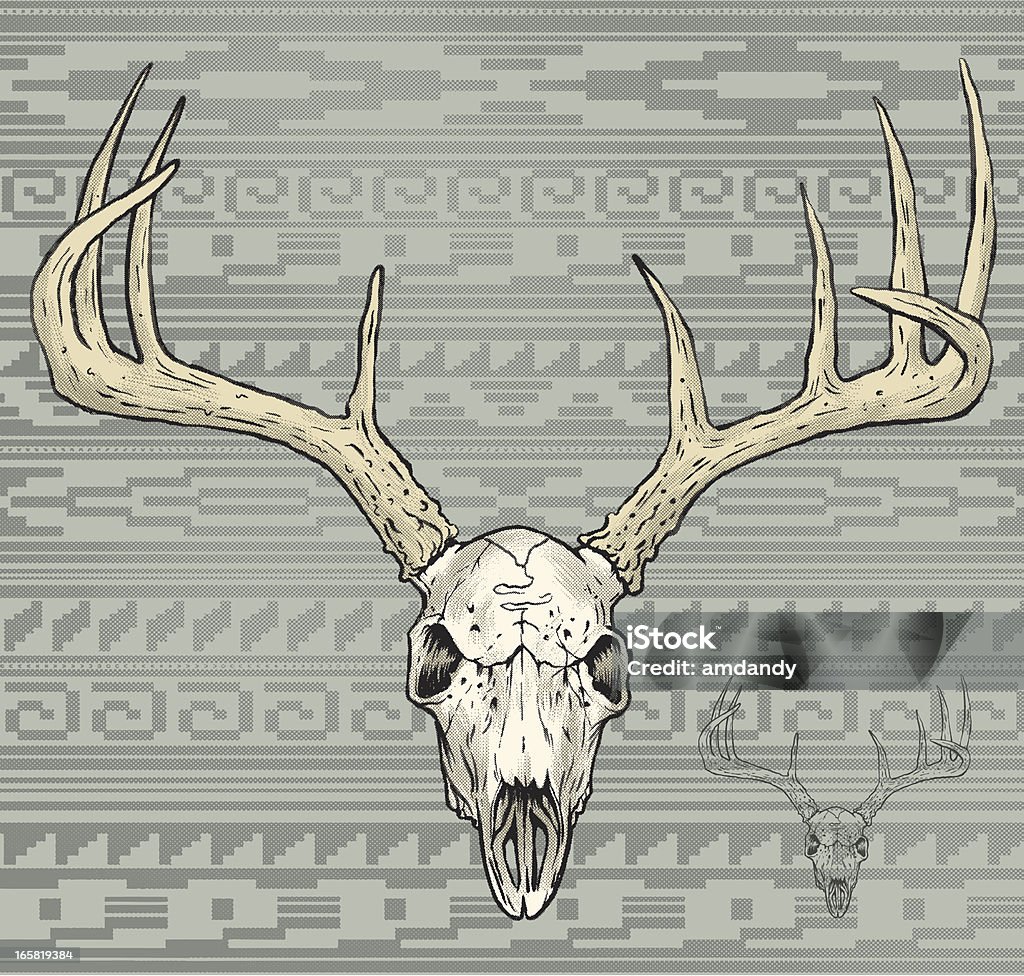 deer skull in a aztec world this is a white tail deer skull with an Aztec pattern background, entire image is halftone screen except for large fill color areas, all vector, all the time. Deer stock vector