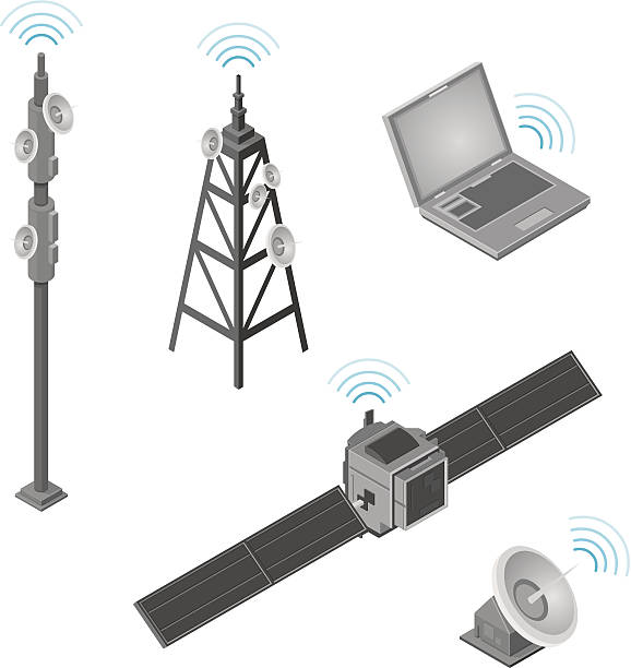 illustrazioni stock, clip art, cartoni animati e icone di tendenza di isometrica icone di comunicazione - tower isometric communications tower antenna