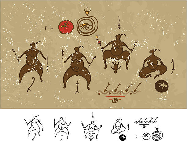 선사시대 동굴벽화 출생 의식에 - aboriginal cave painting indigenous culture baby stock illustrations