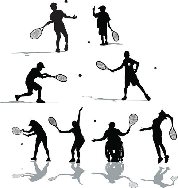ilustraciones, imágenes clip art, dibujos animados e iconos de stock de jugadores de tenis - wheelchair tennis physical impairment athlete