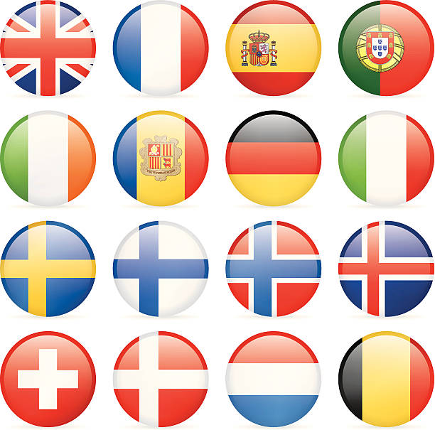 illustrazioni stock, clip art, cartoni animati e icone di tendenza di bandiera turno icone-occidentale e coruña con una - all european flags