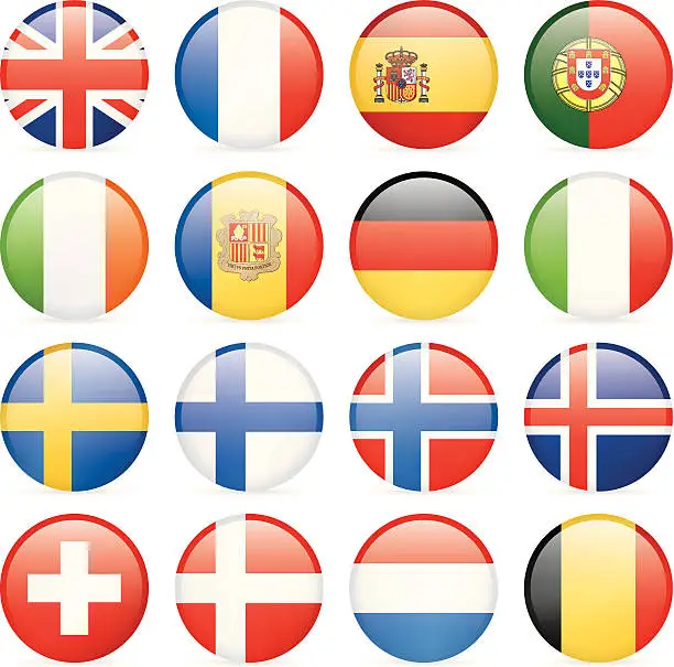 Vector illustration of Round flag icons - Western and Nothern Europe