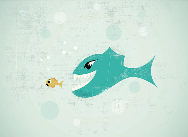 ilustraciones, imágenes clip art, dibujos animados e iconos de stock de big peces pequeños de los hábitos alimenticios - fittest