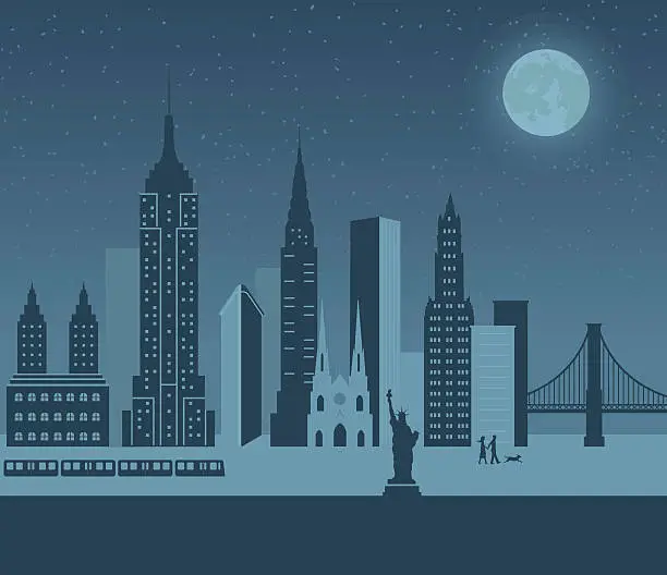 Vector illustration of A cartoon of New York at night