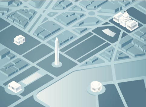 An overhead 3D illustration of Washington DC. Landmarks are on a separate layer in Illustrator.