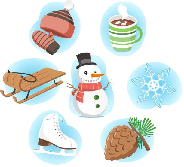 Vector illustration of Winter snow skiing ski elements icon set