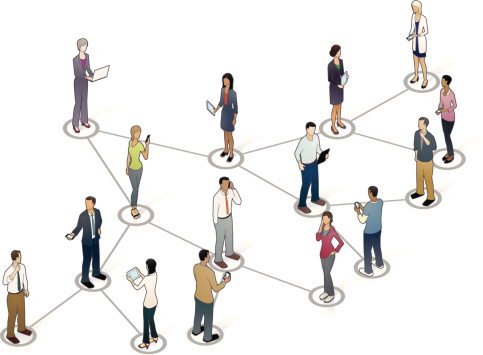 People stand on a viral marketing diagram. 