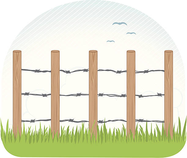 ilustrações de stock, clip art, desenhos animados e ícones de vedação com farpas - barbed wire rural scene wooden post fence