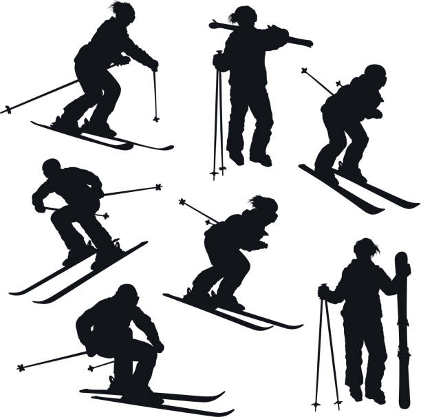 Skier silhouettes Skier silhouettes. All elements are separate objects. File is layered and hi res jpeg included. Please take a look at other work of mine linked below. skier downhill stock illustrations