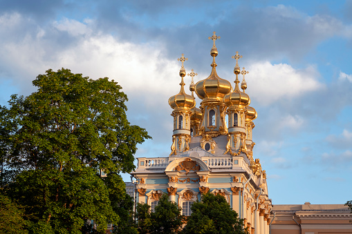View of the Church of the Ascension of Christ, the palace church of the Catherine Palace in Tsarskoye Selo on a sunny summer day, Pushkin, St. Petersburg, Russia