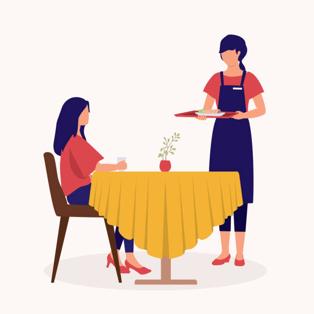 ilustrações de stock, clip art, desenhos animados e ícones de waitress serving food to a woman sitting at the dinner table. - dining table table cartoon dining