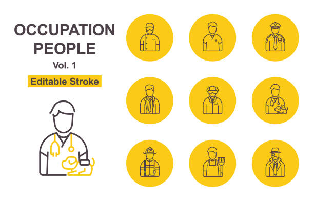 다양한 유형의 직업 사람들이 아이콘을 정렬합니다. 편집 가능한 획. 아이콘에는 수의사, 치과 의사, 과학자, 소방관, 청소부 등이 포함됩니다. - vet symbol dentist healthcare and medicine stock illustrations