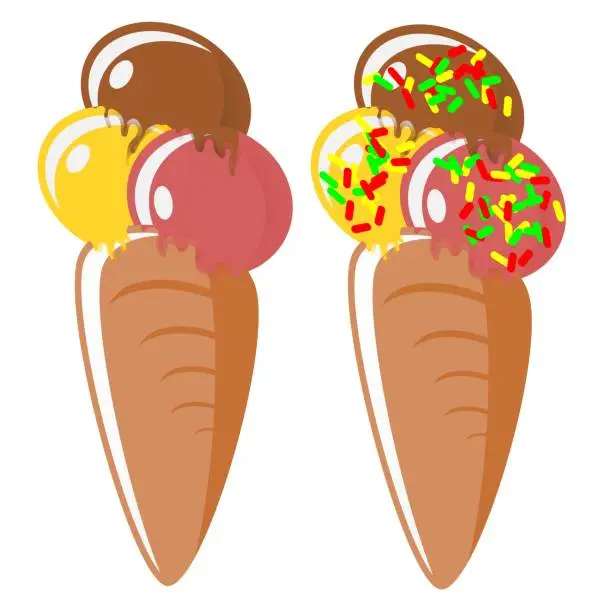 Vector illustration of Strawberry and chocolate ice cream melting in an ice cream cone