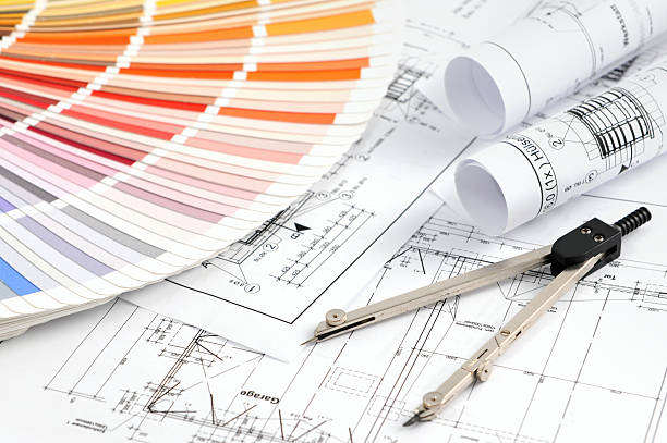 istock Color Swatch for home improvement with blueprints and drawing compass 165823671