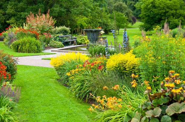 flowerbeds e prato nel bellissimo parco - fountain formal garden ornamental garden water foto e immagini stock