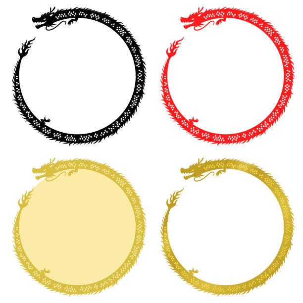 Illustration set of circular frames with Chinese style long dragon silhouettes