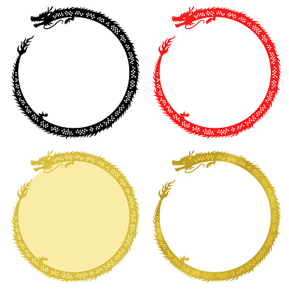 Illustration set of circular frames with Chinese style long dragon silhouettes