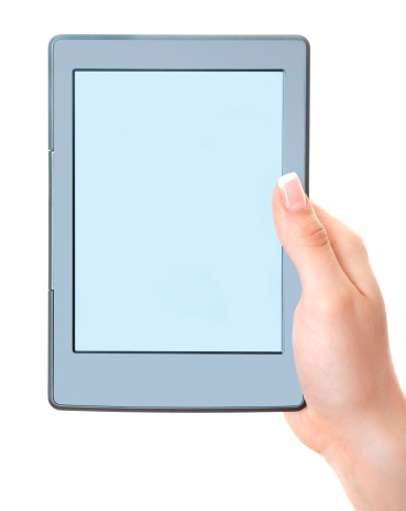 Hand holdet generic Ebook reader with blank screen on white background