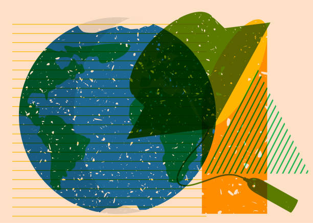 istock Graduation cap with Earth globe and colorful geometric shapes. Academic Educational trendy riso graph design. Geometry elements, risograph print texture style. 1658284053