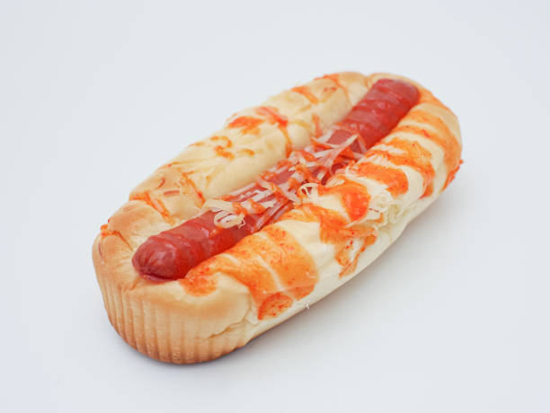 istock Sausage bread with spicy sauce isolated on white 1658294423