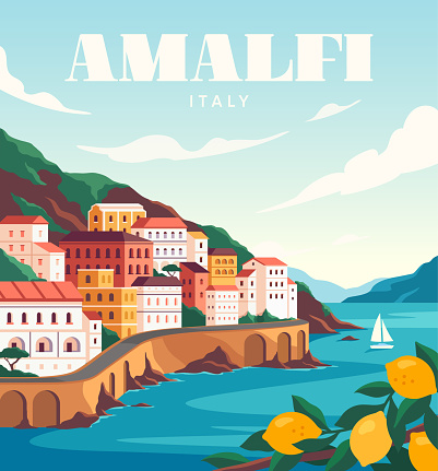 Coast of italy poster. Colorful banner with Italian landscape and buildings, sea and lemon tree. Nature and architecture of Amalfi town. Travel and tourism concept. Cartoon flat vector illustration